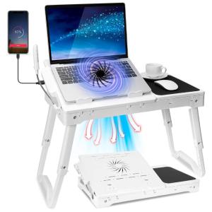Mesa portátil ajustável para notebook KOCASO ABS branca com cooler, 4 portas USB, mouse pad integrado, luz flexível