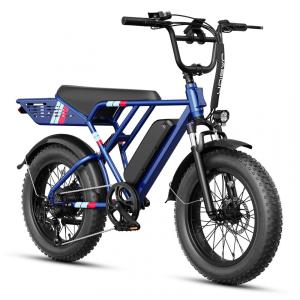 Bicicleta elétrica Jasion RetroVolt azul pneus 20x4 suspensão dupla motor 2000W pico bateria 48V 13Ah 70 km 7 marchas 110V