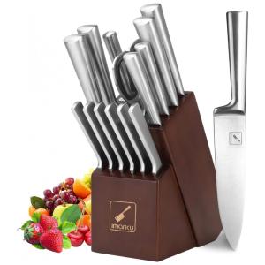 Conjunto de Facas em Aço Inoxidável com Bloco de Bancada e Afiador Embutido, 15 Peças, Imarku, Marrom
