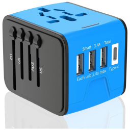Adaptador de Tomara Internacional 3 USB tipo C e Plgues CA Universais, APzek, Azul