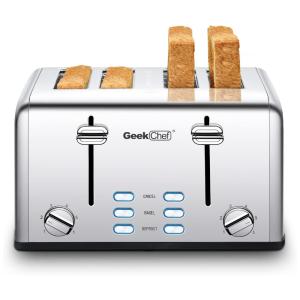 Torradeira Elétrica 4 Fatias com 6 Níveis de Tostagem, 1500W, 110v, GEEK CHEF Toaster 4 slice, Vermelho