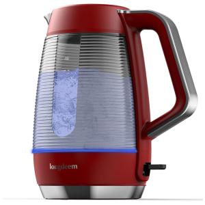 Chaleira Elétrica Retrô 1,5L com Luz LED, Jarro de Vidro e Parede Dupla, 110V 1500W, Longdeem, Vermelho