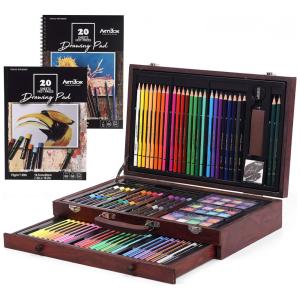 Kit de Pintura com 111 Peças e Caixa de madeira Portátil, Marrom Escuro