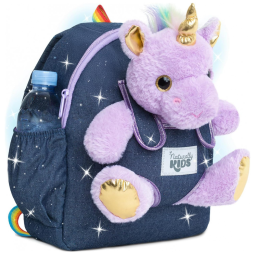 Mochila infantil média unicórnio roxo Naturally KIDS com pelúcia removível 29 cm