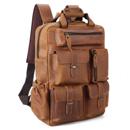 Mochila Unissex de Couro para Laptop, POLARE , Marrom