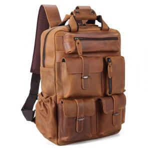 Mochila Unissex de Couro para Laptop, POLARE , Marrom