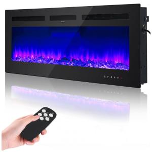 Lareira Elétrica 127 cm, Recessada e Montada na Parede, Aquecedor 1500W/750W, Termostato (15-37°C), Controle Remoto e Touch, 12 Cores.