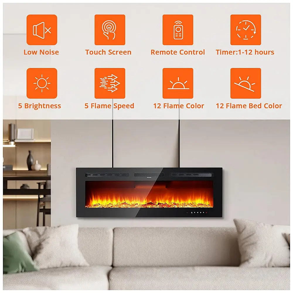 Lareira Elétrica 127 cm, Recessada e Montada na Parede, Aquecedor 1500W/750W, Termostato (15-37°C), Controle Remoto e Touch, 12 Cores. — foto 3