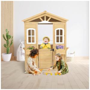 Casinha Infantil de Madeira para Área Externa com Janelas Vintage, Posto de Gasolina e Suportes para Vasos de Flores, LZBEITEM