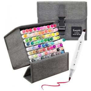 Conjunto de Canetas Artisticas 80 Cores de Ponta Dupla com Estojo de Transporte e Caderno de Desenho, SANJOKI