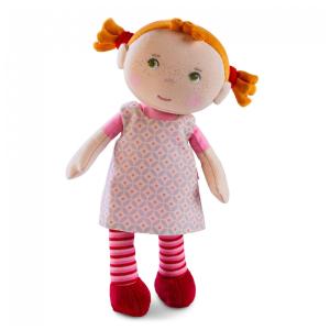 Boneca HABA Soft Baby Roya com Tranças Vermelhas, Vestido Rosa - Boneca Lavável na Máquina, Ideal para Meninas de 2 Anos