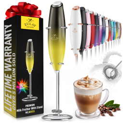 Espumador de Leite Elétrico Portátil em Aço Inoxidável a Pilhas, Amarelo e Preto