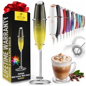 Espumador de Leite Elétrico Portátil em Aço Inoxidável a Pilhas, Amarelo e Preto