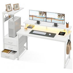 Mesa Gamer Reversível AODK 150 cm Fibra de Carbono Branco com Luzes LED, Tomadas USB, 3 Gavetas de Tecido e Suporte para Monitor,