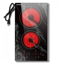 Cooktop Elétrico Portátil Karinear 2 Bocas, 110v, Cooktop Elétrico de Balcão ou Embutido, 30 cm de Vidro Cerâmico com Padrão de Ondas