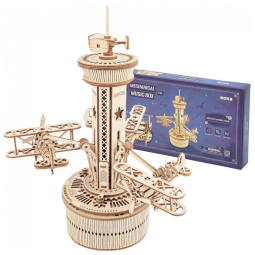 Quebra Cabeças 3D em Madeira para Adultos, Tema Caixa de Música Torre Rotativa de Aviões com 255 Peças, ROKR