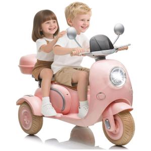 Moto Elétrica Infantil NEWDOOD 12V Rosa Claro 2 Lugares 3 Rodas Bluetooth USB Baú Lento Start Estabilidade