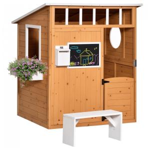 Casinha Infantil Interativa para Crianças de 3 a 8 Anos com Porta de Trabalho, Outsunny, Marrom