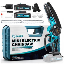 Motossera Elétrica sem Fio para Poda de Galhos com 2 Baterias 20V 1500 mAh e 3 Correntes Extras, Saker, Azul