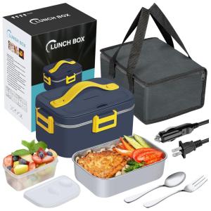 Marmita Elétrica Portátil 1,8L com Recipiente de Aço Inoxidável e à Prova de Vazamentos, 12V 110V 75W, CUJGT, Azul e Amarelo