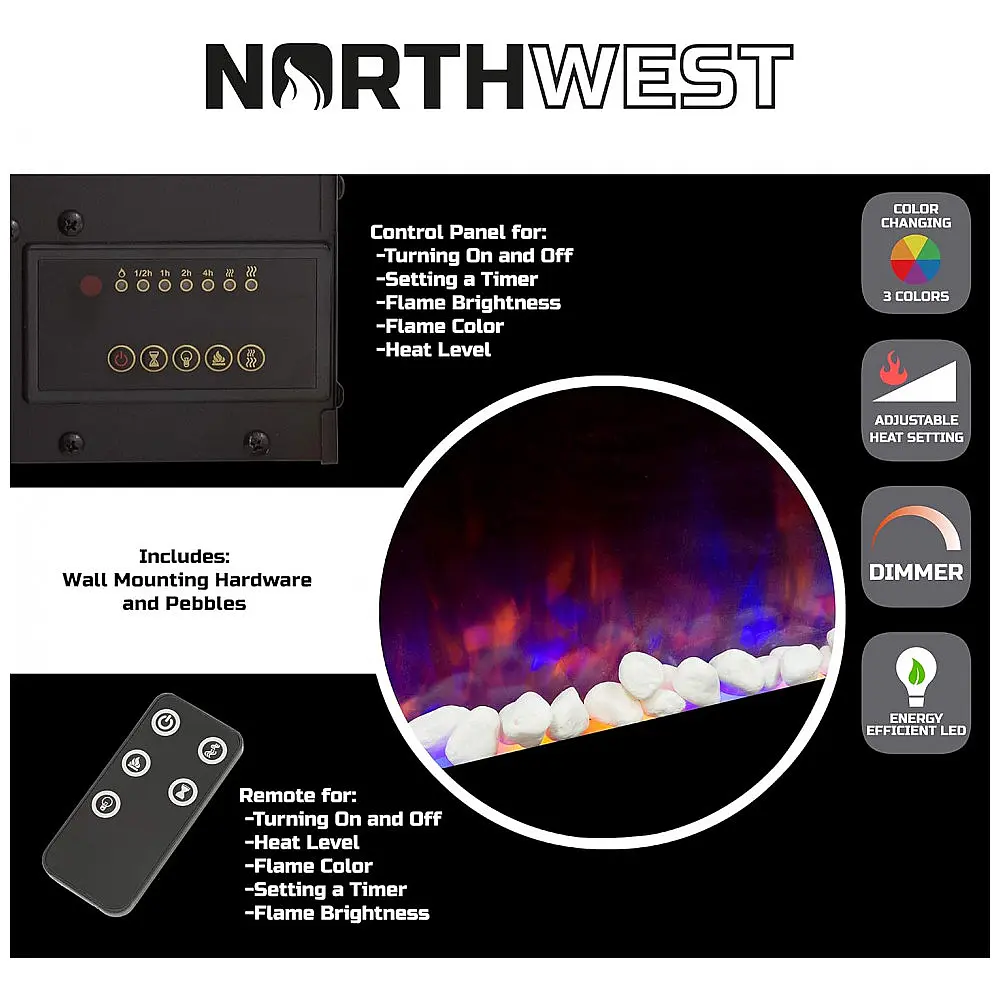 Lareira Elétrica Northwest 107x51cm 1500W Chamas LED Timer Parede 110V — foto 3