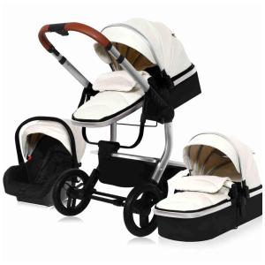 Carrinho de Bebê 3 em 1 com Estrutura de Alumínio e Couro PU, Encosto Ajustável e Base de Assento Infantil, ElveBuka, Branco