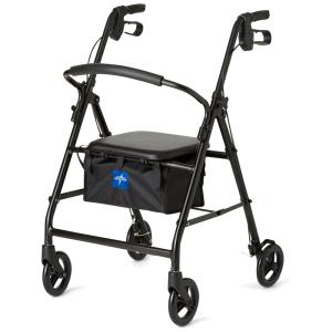 Andador Rollator de Alumínio Medline com Assento, Preto, Capacidade de Peso de 136 kg, Leve, 6 Rodas, Dobrável, Manoplas Ajustáveis