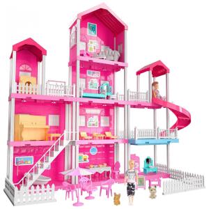 Casa de Bonecascom 31 Acessórios 4 Andares e 10 Quartos para Crianças a partir de 3 anos, TEMI, Rosa