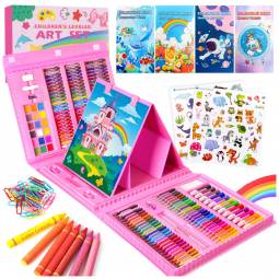 Kit de arte 332 peças TDHDIKE infantil com estojo rosa, cavalete triplo dupla face, papéis, livros para colorir, pastéis e lápis
