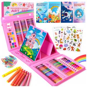 Kit de arte 332 peças TDHDIKE infantil com estojo rosa, cavalete triplo dupla face, papéis, livros para colorir, pastéis e lápis