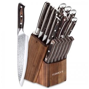 Conjunto de Facas em Aço Inoxidável com Afiador Embutido e Bloco de Bancada 16 Peças, TUDOCCY, Marrom