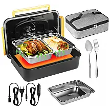 Marmita Elétrica Portátil 3 em 1, 1,5L com 2 Recipientes Removíveis, Garfo e Colher, 12V 24V e 110V, Liangding, Preta