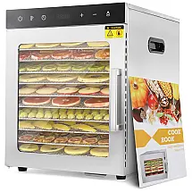Desidratador de Alimentos em Aço Inoxidável com 10 Bandejas, Gancho de Cabide e Temporizador 24H, 800W, Hiteemer, Prata