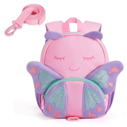 Mochila infantil mommore borboleta rosa com guia de segurança