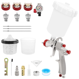 Pistola de Tintura Kit Premium Pistola LVLP R500: Com bicos 1,3/1,5/1,7 mm, regulador de ar, copos de 600 ml e 160 ml