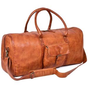 Bolsa de Viagem Masculina Clássica de Couro, Castanho, ESTALON, Marrom Claro