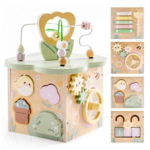 Cubo de Atividades Educativo de Madeira ROBUD, Brinquedo Educativo com 7 Áreas Funcionais, Tema Jardim de Flores, para Meninos e Meninas de