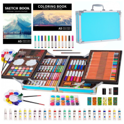 Kit Lápis de Cor Profissional com Maleta de Madeira 139 peças Tintas Acrílicas, Aquarela, KINSPORY L137, Azul