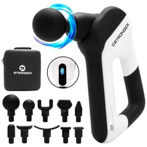 Massageador Pistola Elétrico Profissional Sem Fio 10 Acessórios e 31 Velocidades, STRONGICK, Preto e Branco