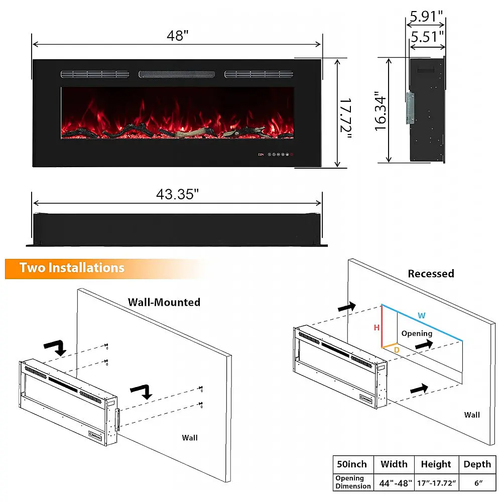 Lareira Elétrica Oxhark Flame 122x45cm 1500W 13 Cores Chamas Embutir 110V — foto 3