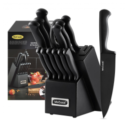 MC21B Conjunto de Facas em Aço Inoxidável com Afiador Embutido e Bloco de Bancada 15 Peças, MCCOOK, Preto