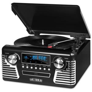 Toca Discos Retrô Anos 50, Central Multimídia Bluetooth Rádio FM, AM 3 Velocidades, VICTROLA, Preto