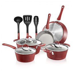 Conjunto de Panelas Antiaderentes com Alças de Silicone e Espátulas, 11 Peças, NUTRICHEF NCCW11RDL, Vermelho