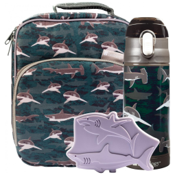 Bentology Tubarão Lancheira Infantil com Garrafa de Água em Aço Inoxidável e Forma de Gelo, Para 3 Anos ou Mais, Verde