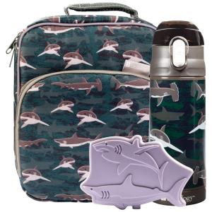 Bentology Tubarão Lancheira Infantil com Garrafa de Água em Aço Inoxidável e Forma de Gelo, Para 3 Anos ou Mais, Verde