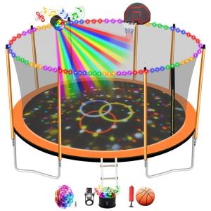 Mcltopz 1500LBS 10FT 12FT 14FT 16FT Trampolim com gabinete de cesta de basquete, luzes, sprinkler, alto falante, trampolim externo para