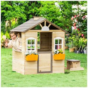 Casinha Infantil de Madeira para Área Externa com Banco, Porta, 2 Janelas, 3 Estações de Serviço, Prateleira e Suportes para Vasos de