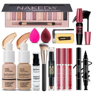 Kit de Maquiagem Completo Tudo em Um Geyomi, 12 Cores Sombra Fosca, Base Nude Bege, Primer, 3 Batons Líquidos, Contorno, Sobrancelha