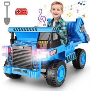 Caminhão Basculante Infantil com Controle Remoto, Caçamba Elétrica, Pá e Música via Bluetooth, 12V, Hikole, Azul