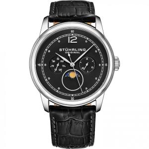 Relogio Stuhrling Homem, Masc. Aço Inox Couro Dia da Semana e Data Resistente Clássico 50 Metros